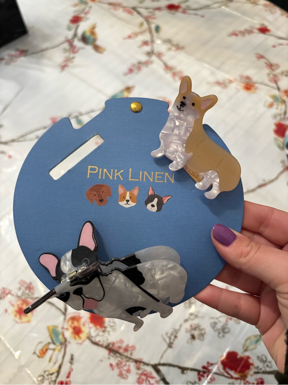 Pink Linen Dog Hair Teeth Clips- Corgi & Frenchie
